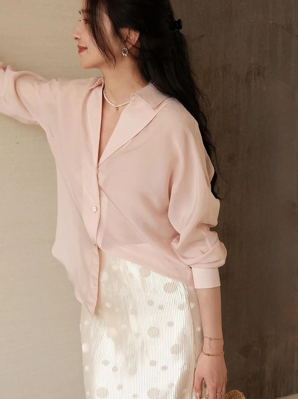 

Elwing Original Long Sve Acetate Double Collar Lightweight Ele Lazy Top for Women Summer Busin Casual irt