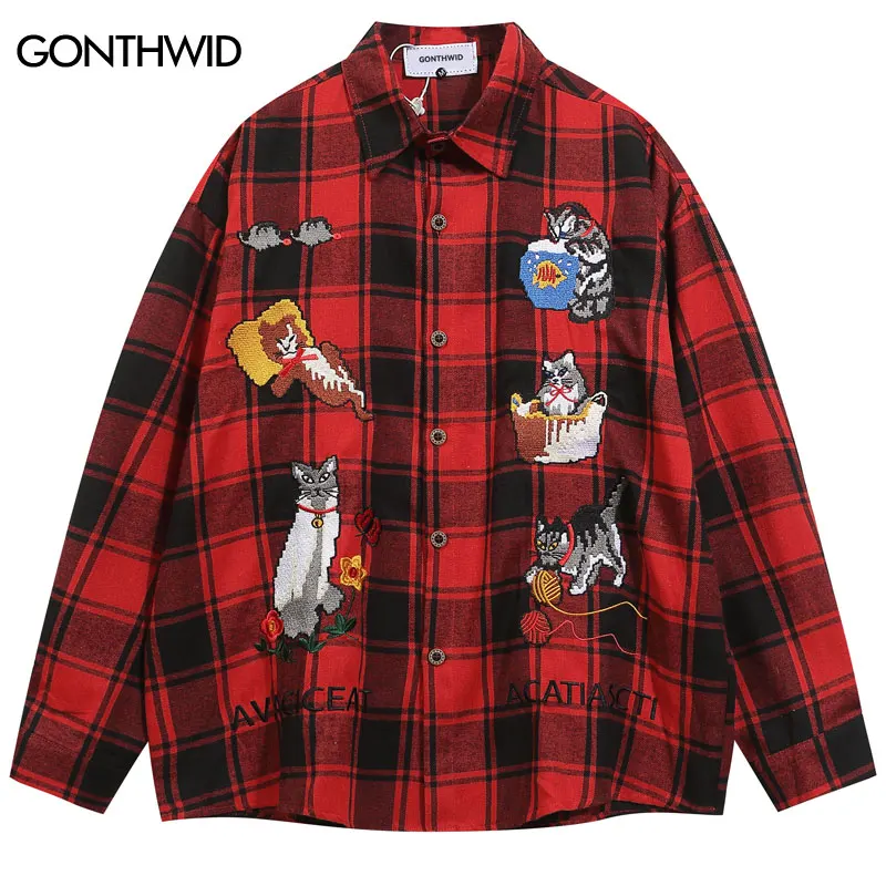 Mens Plaid Shirt Y2K Harajuku Embroidered Cartoon Cat Long Sleeve Shirts Hip Hop Vintage Casual Loose Cotton Blouse Tops Red