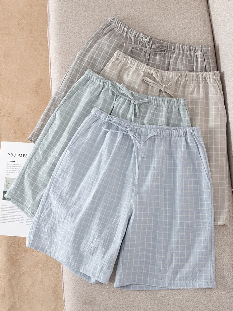 New Men's Cotton Pajama Shorts Casual Plaid Home Pants Soft Cotton Five-Quarter Length High Waist Elastic Waistband Summer Wear