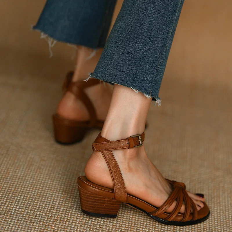 Summer Sandals One Strap Women Pumps Cowhide Ladies Shoes Buckle Gladiator Sandal Roman Style Open Toe Thick Heel Retro Sandals