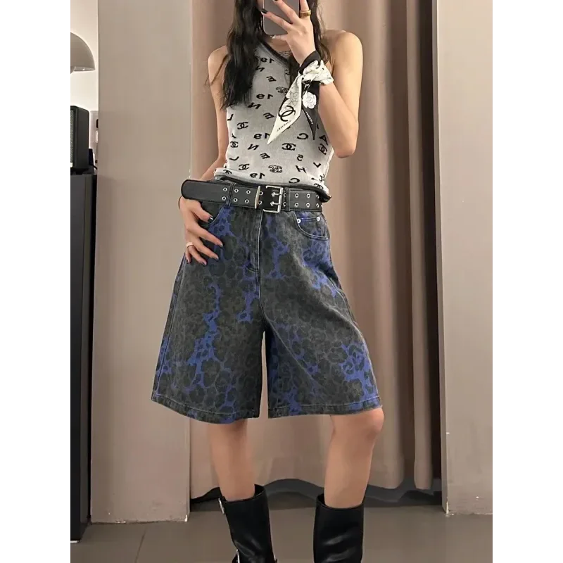 American Retro Blue Leopard Print Denim Women's New Loose Wide Leg Drape Pants