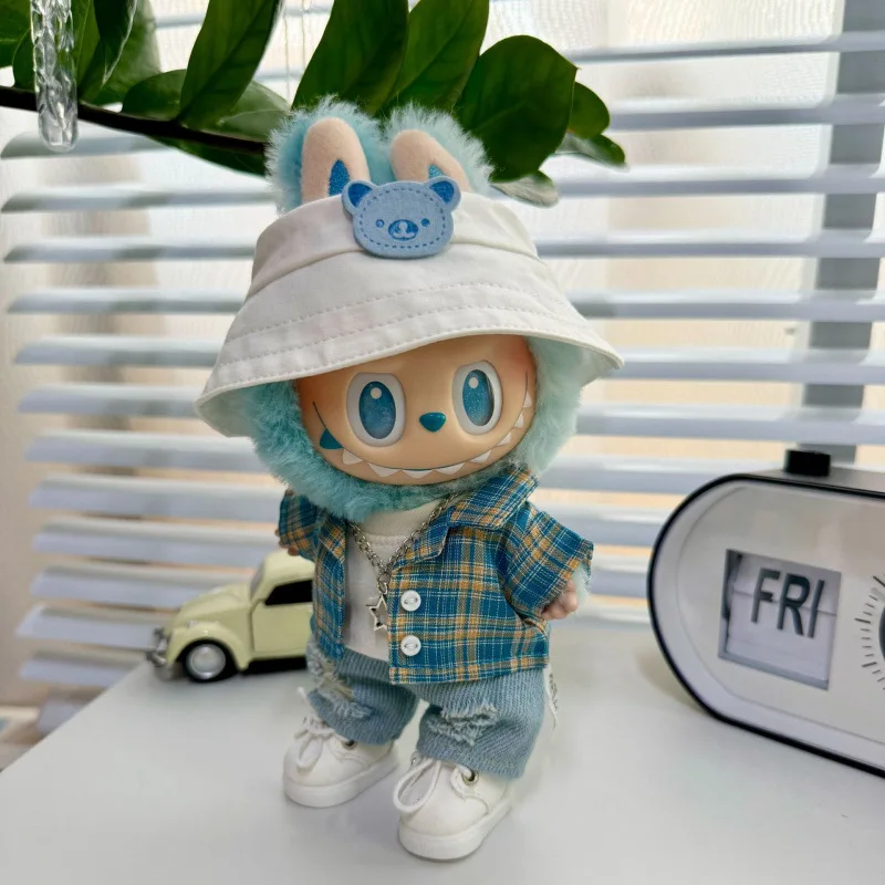 

Clothes for Labubu 3.0 Vinyl Doll Macaron Summer Outfit Hat Necklace White Tee Blue Shirt Ripped Jeans Shoes for 1-3 Generation