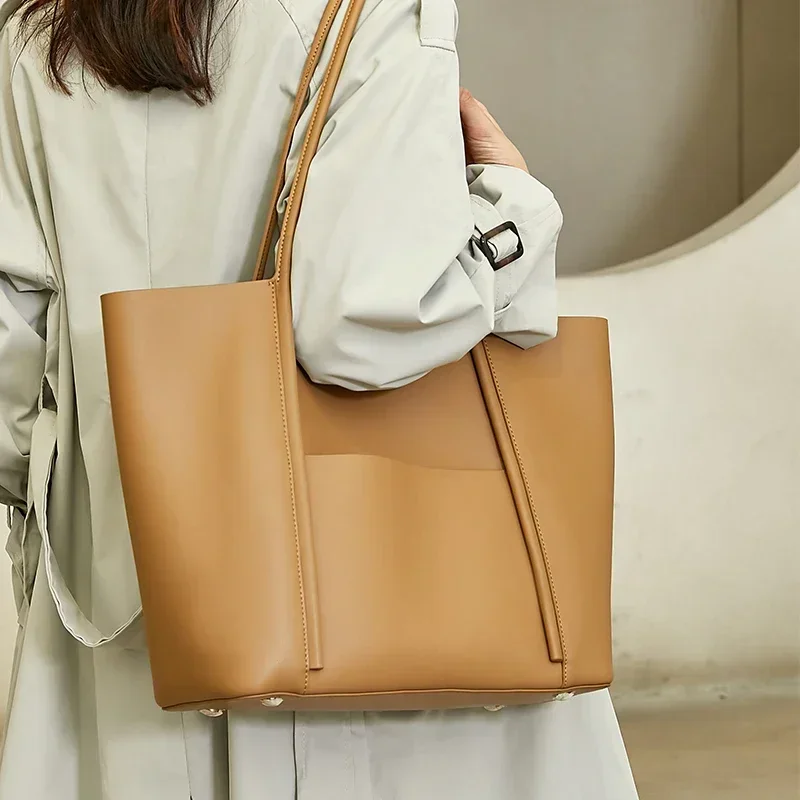 Women's Genuine Cowhide Leather Large Capacity Tote Bag Smooth Leather Long Thin Shoulder Strap Office Commuter Shopper Handbag