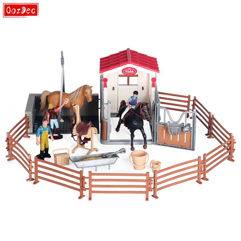 OozDec 31 Pieces Horse Stable Playset Toys with Horse Wash Area and Fence Playset Rider Horses Toy Figures for Boys and Girls