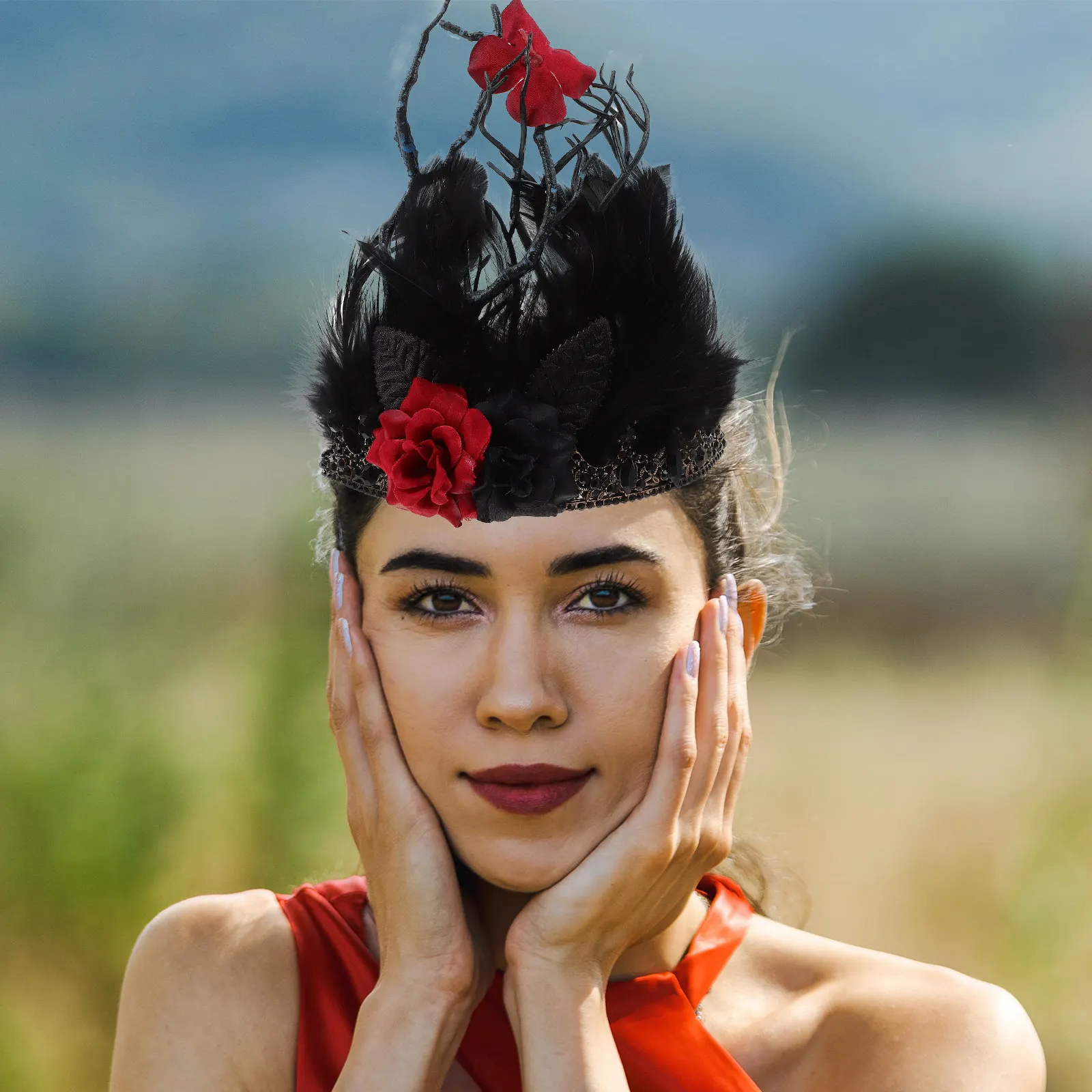 

Винтажная корона в стиле барокко с искусственными перьями, готический ободок для волос с ветвями, повязка для волос на Хэллоуин, готическое украшение для волос для девочек