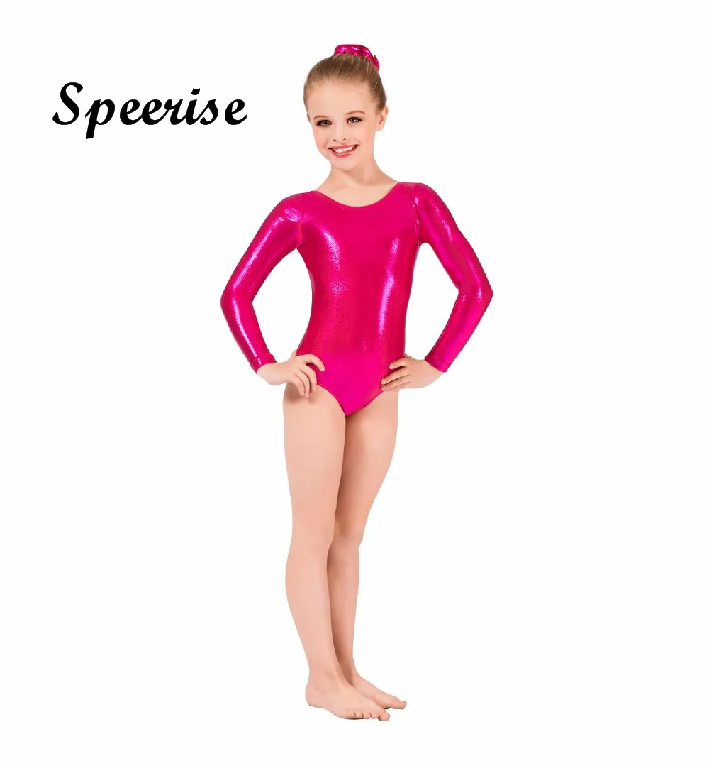 Speerise Kids Girls Long Sleeve Shiny Metallic Spandex Gymnastics Dance Leotard Glod Scoop Neck Bodysuit