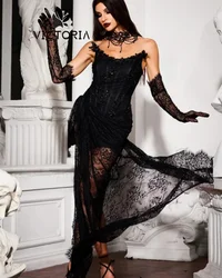 Alluring Black Lace Prom Dresses With Gloves High Split Graduation Party vestidos de 15 años quinceañeras 2025 Customized