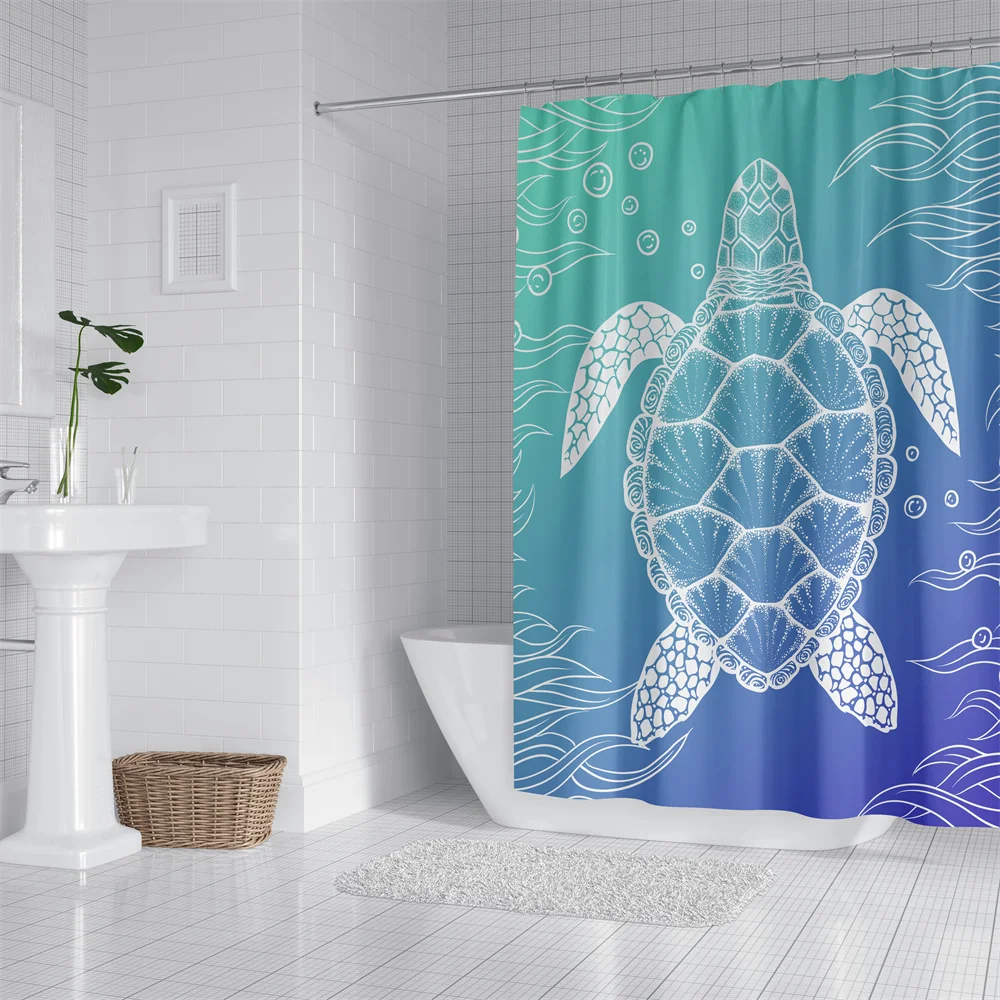 1pc Turtle Bubbles Shower Curtain Bathroom Partition Decorative Curtain Machine Washable Blue Ocean Window Privacy Curtain