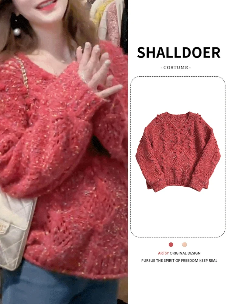 

Красный вязаный свитер женский свободного кроя, осенне-зимний, новый, повседневный, средней толщины, с длинными рукавами, круглым вырезом, топ