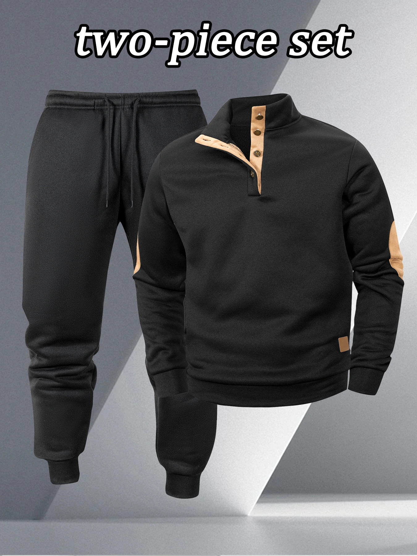 Conjunto de media temporada para caballero: Sudadera Henley con cuello alto y parche de gamuza, pantalones jogger de forro polar negro liso con bolsillos laterales.