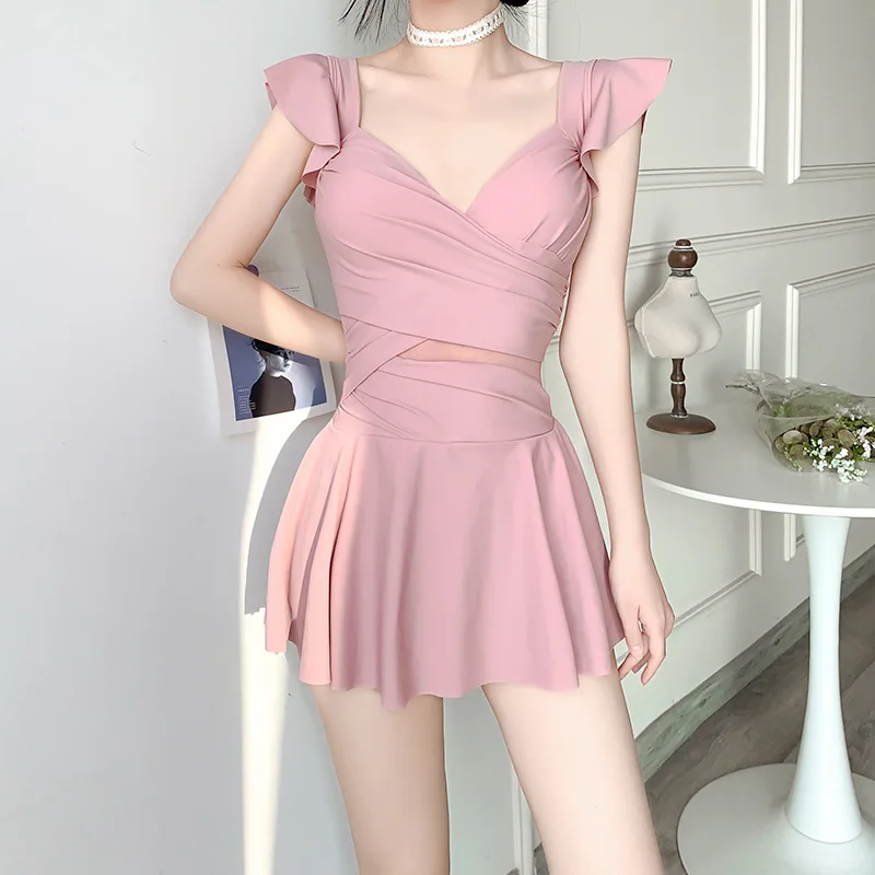 Traje de baño mujer 2025 conjunto de Bikini Sexy fresco de una pieza cubierta vientre traje de baño fino Tuck pecho cintura alta primavera vestidos de playa verano