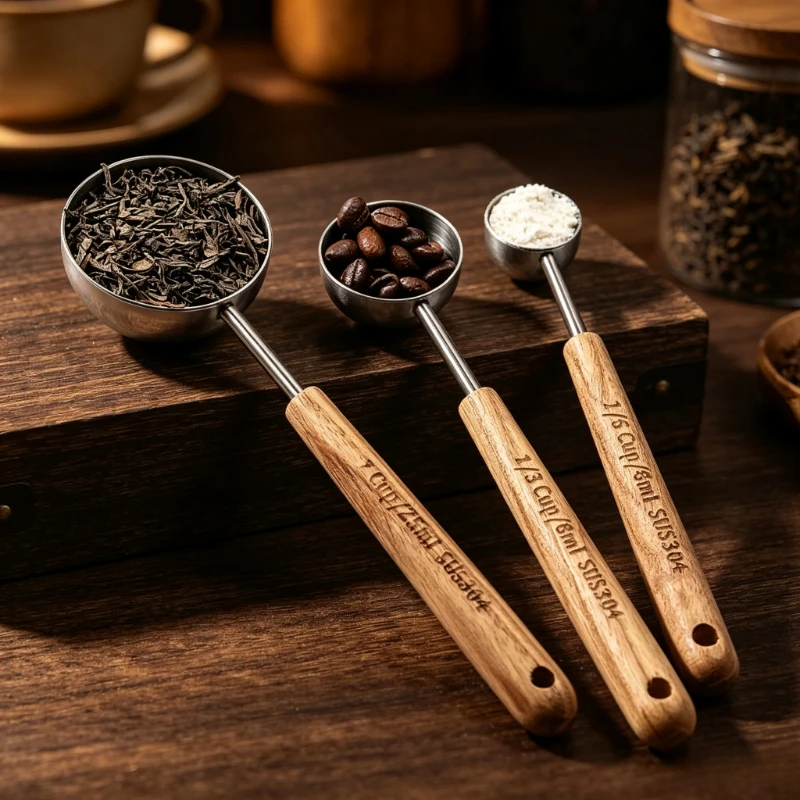 Wood‑Handle 304 Stainless Steel Measuring Spoon Scale Mark Coffee Powder Seasoning Baking Tool Measuring Spoon