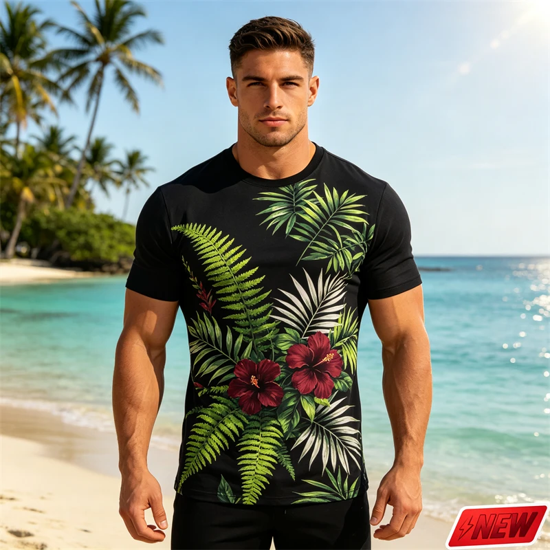 Tropical Plant Flower Graphic T Shirt Men Summer Hawaiian Vacation Short Sleeve Top 3d Printed Leaf Pattern Quick Dry Loose Tee