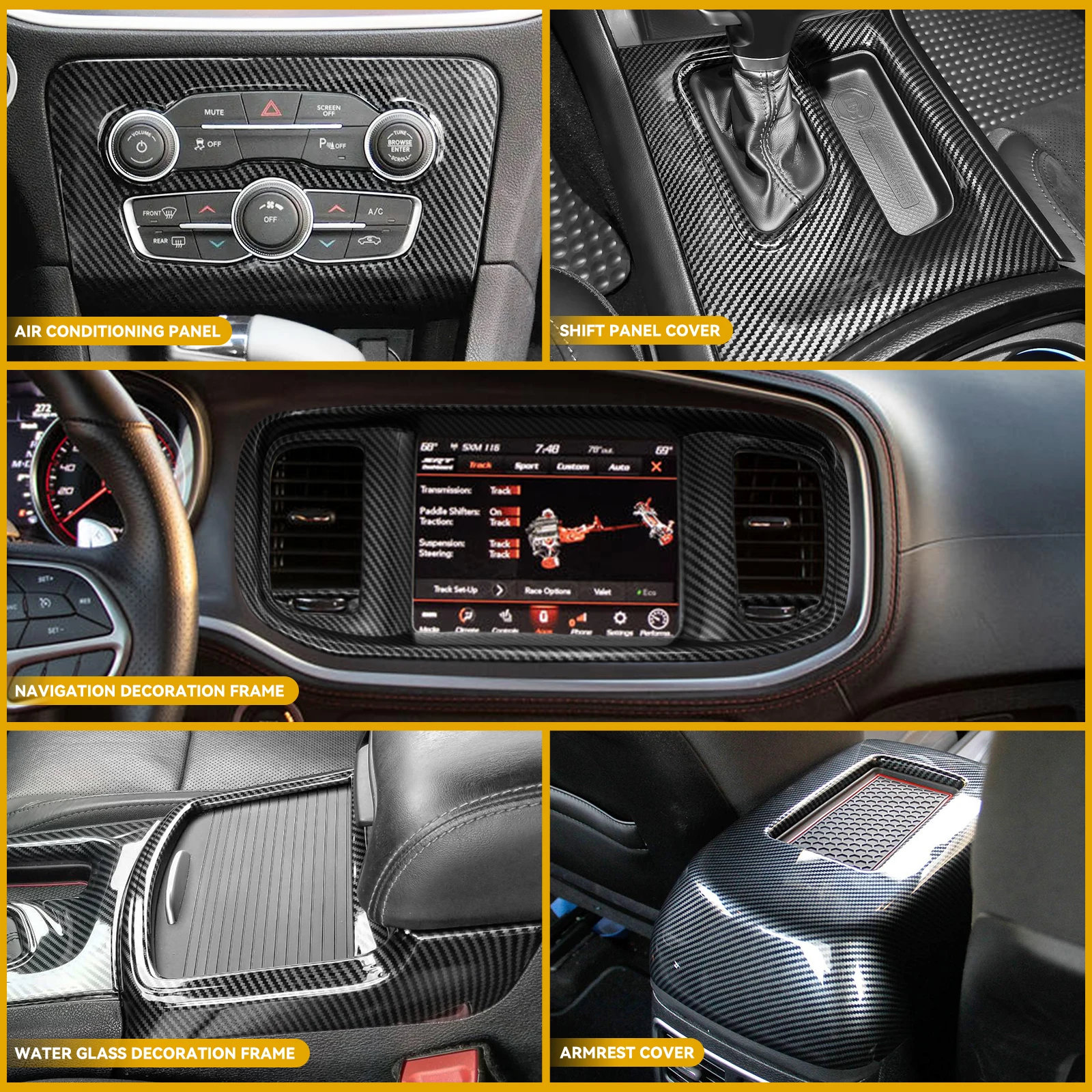 5pcs/set Car Interior Central Control A/C Cover Navigation Screen Cover & Gear Shift Panel Trim For Dodge Charger 2015+