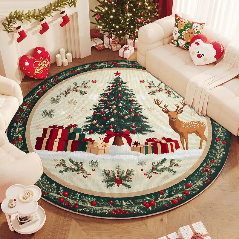 Christmas Green Tree Bell Elk Decor Round Areas Rug Christmas Mat Round Room Carpet Anti-Slip Happy Night Foot Pad Gift Carpet