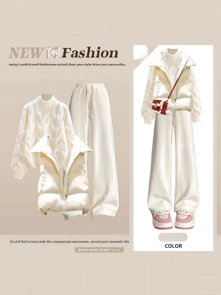 Zimowy dzianinowy komplet: golf, kamizelka, top, spodnie z szerokimi nogawkami, koszulka, styl koreański, casual, wysoka jakość, moda damska.