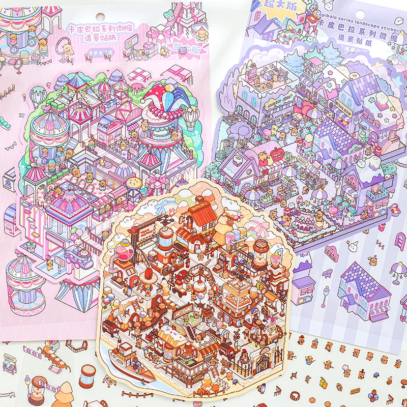 

3 Packs / 9 Sheets Mini Landscape 3D Stickers Cartoon PET Stickers Children's New Year Gift Scene Decoration Stickers