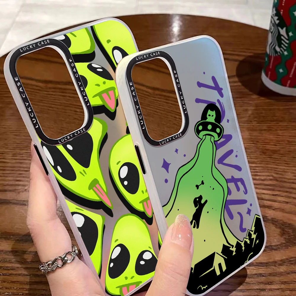 Funny Aesthetics Cartoon Alien Space Phone Case for Samsung Galaxy S24 S23 S22 S21 Ultra Plus Matte Aurora Laser Gradient Cover