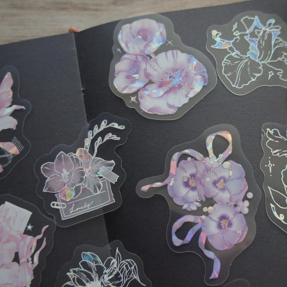 

28pcs Laser Diamond Pattern White Theme Flower Butterfly Style PVC Sticker Scrapbooking DIY Gift Packing Label Decoration Tag