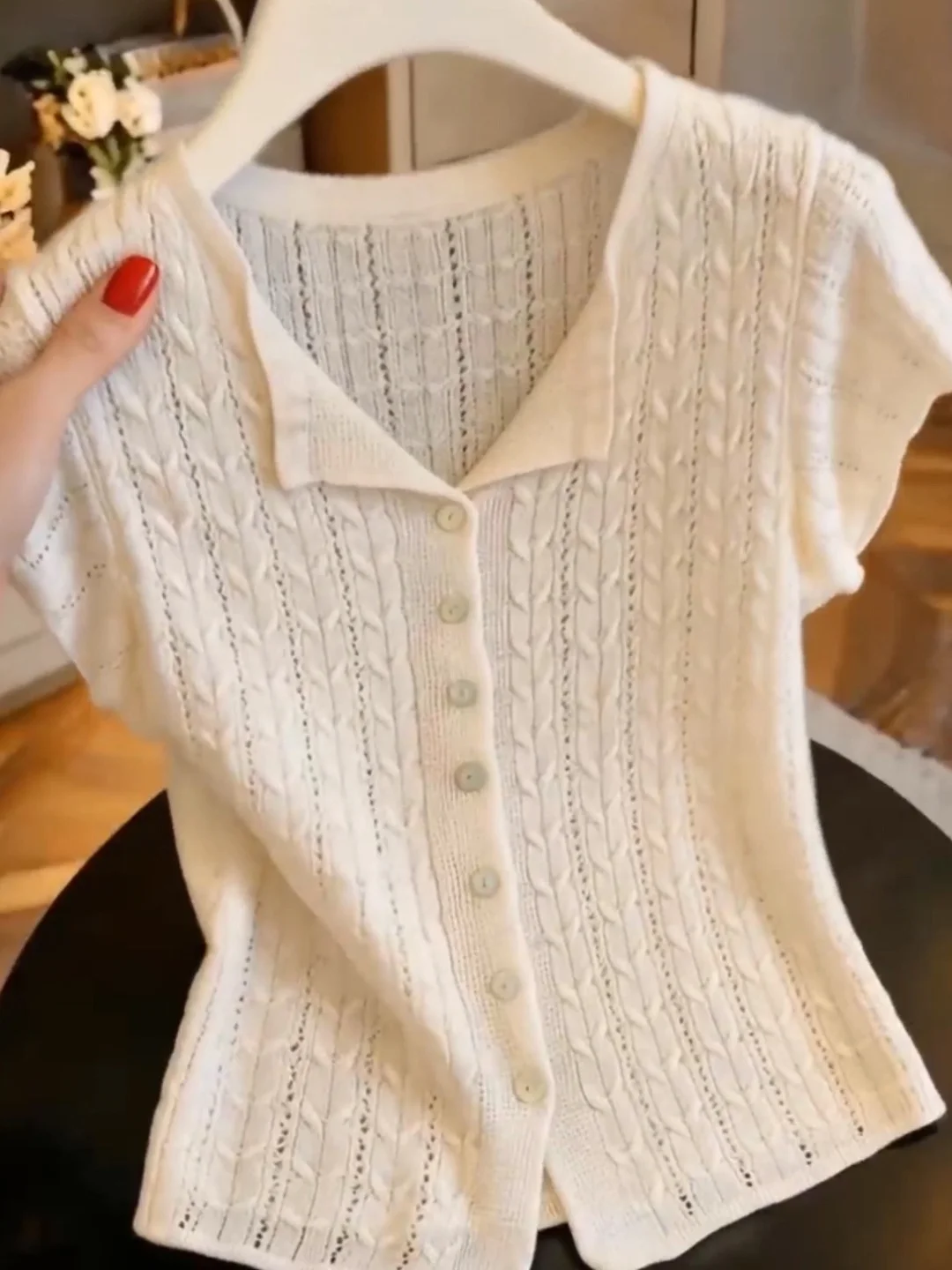 Summer 2026 Women's Ice Silk Knitted Short Sleeve Hollow out Commute Versatile Top Korean Design Single Button Knitwear