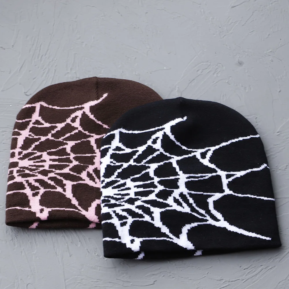 2024 New Goth Spider Web Jacquard Beanie Caps Y2K Knitted Warm Hip Hop Unisex Elastic Knit Hat Skull Cap For Women Men