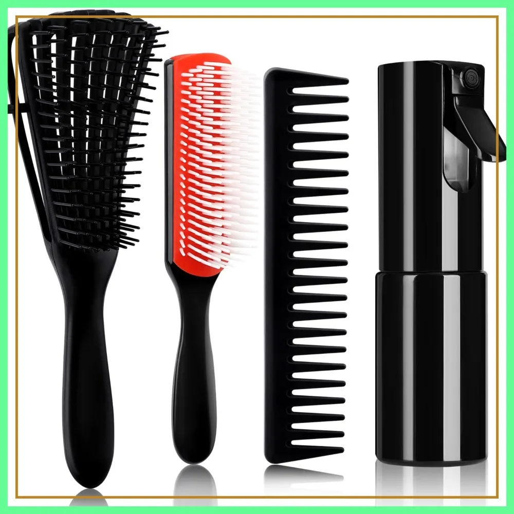4pcs Curly Hair Brush Set for Wet or Dry Detangling with Spray Bottle, Wide Tooth Comb (3+1, Red)