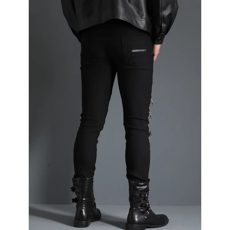 Pantalones pitillo estilo punk para hombre con cremallera múltiple Slim Fit Night Club Wear pantalones de Hip Hop para hombre