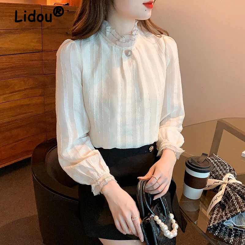 Women\'s Fashion Vintage Ruffle Beaded Sweet Blouse Elegant Chic Stand Collar Chiffon Shirts Female Casual Long Sleeve Solid Tops