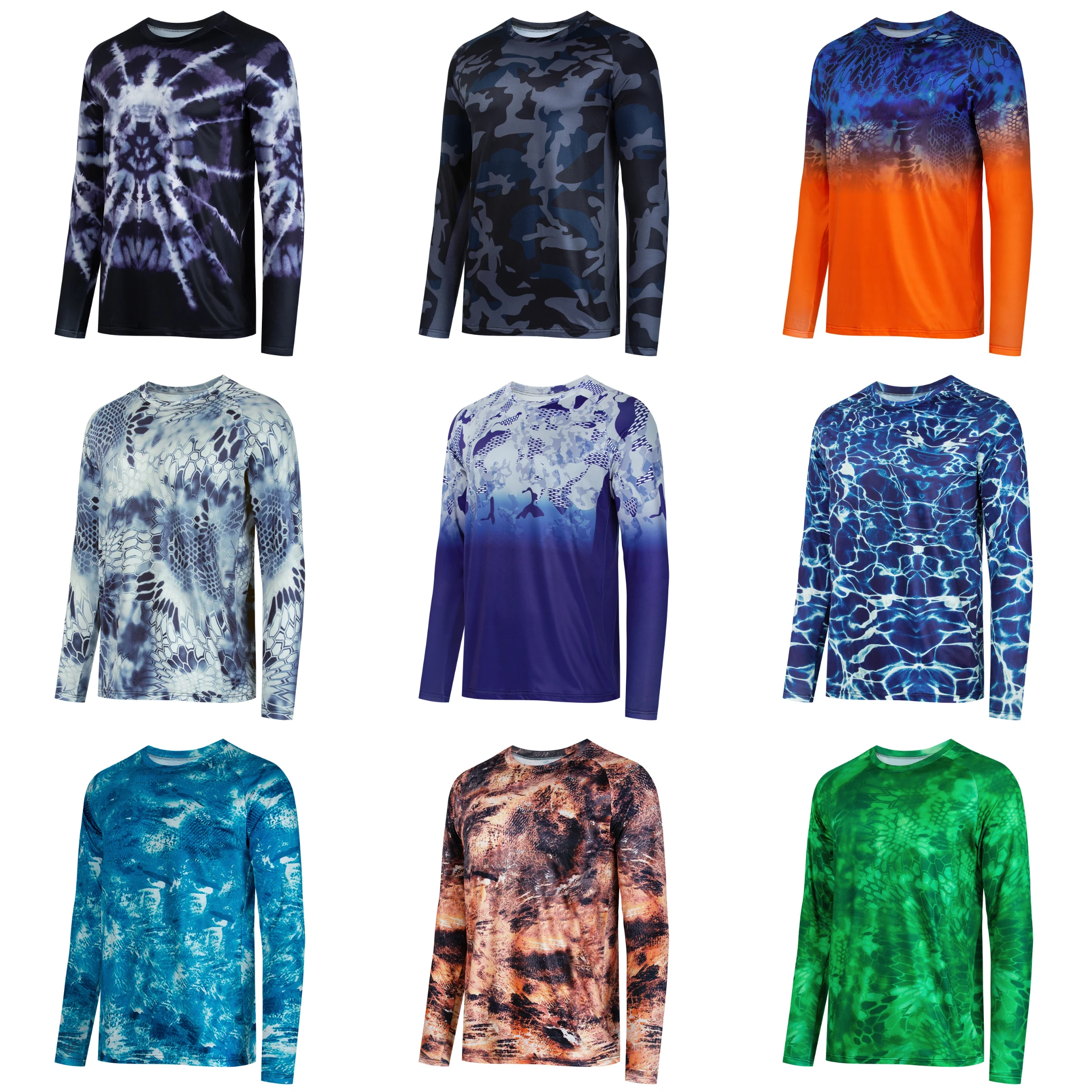 Schnelltrocknende Herren-Crew-Neck-Angelshirts mit langen Ärmeln, Sonnenschutz, Camouflage-Print, für Outdoor, Surfen, Wandern und Angeln.