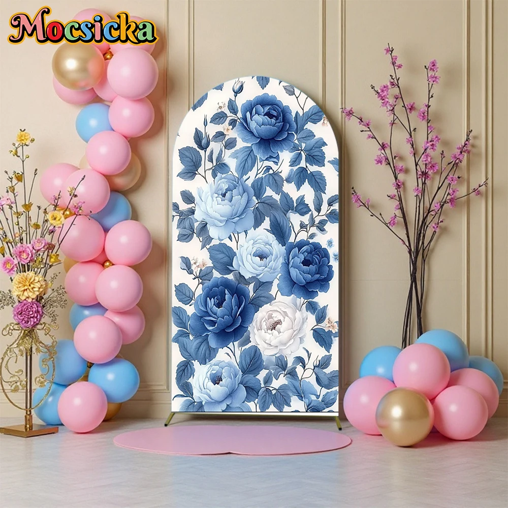 Mocsicka Art Arch Background Covers Cloth Soft Double-Sided Studio Shooting Props Wedding Photo Backdrop Blue Rose Pattern Decor