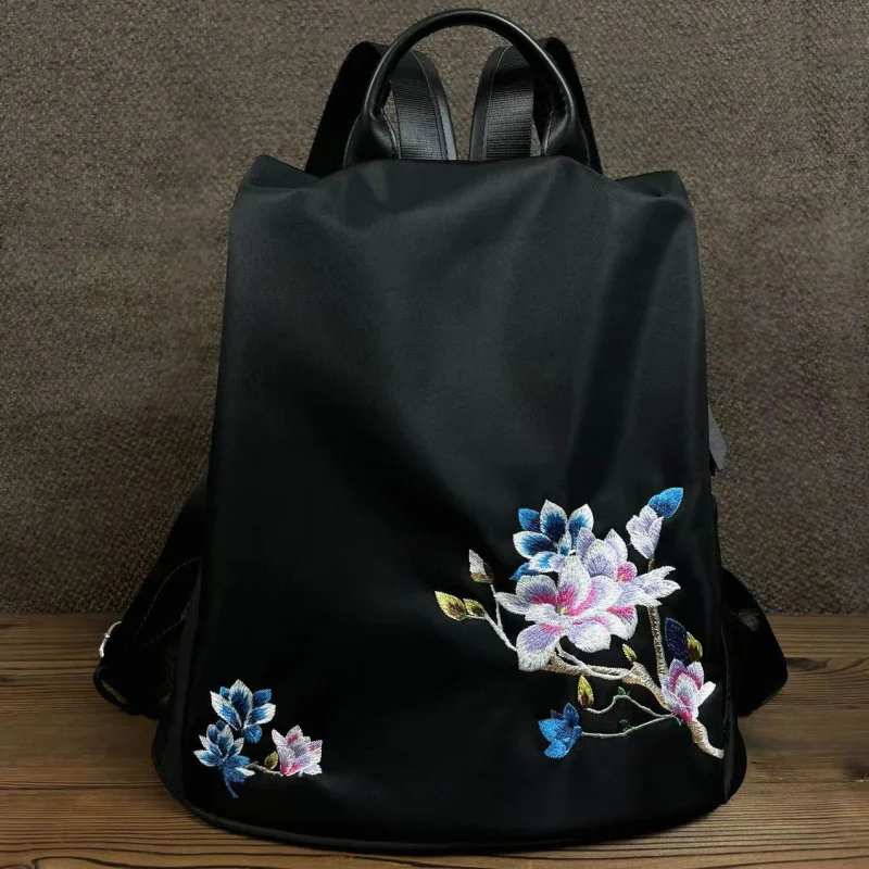 Biyang Style Embroidery Backpack Women's Bag Embroidered Black Casual All-Match Waterproof Fabric Jushi Shoulde