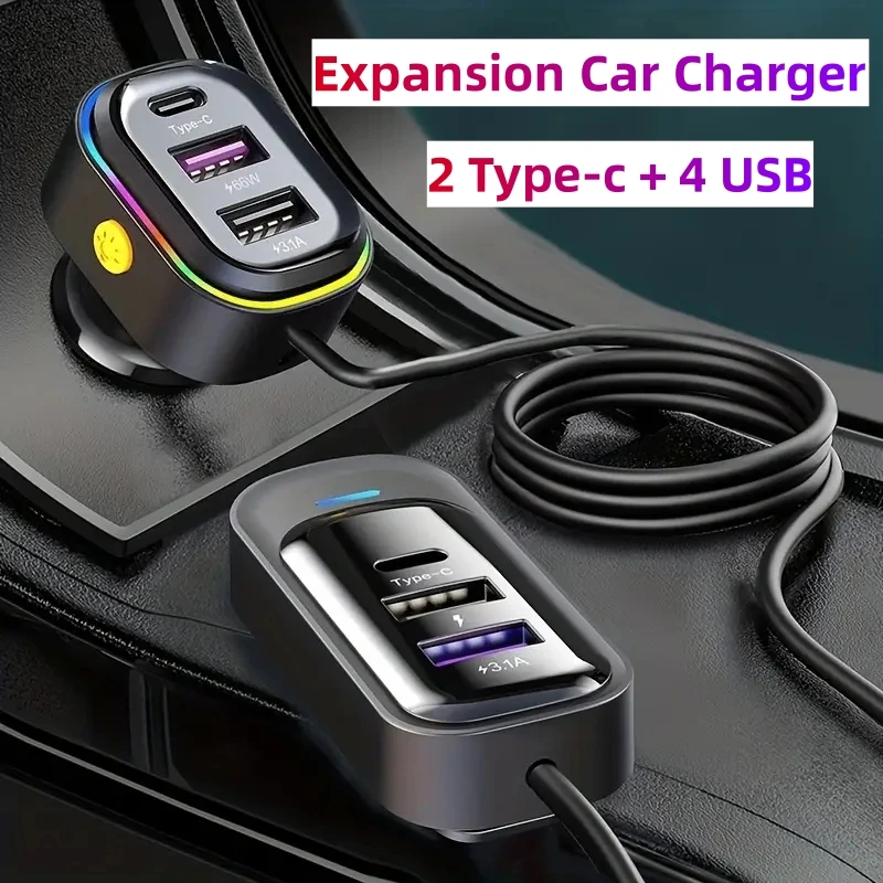 81W Car Charger Adapter 6 in 1 Extension Back Row with Clips Type C Fast Charging PD Charger For iPhone 15 Samsung Xiaomi Huawei