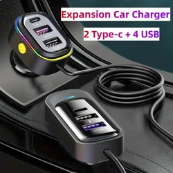 81W Car Charger Adapter 6 in 1 Extension Back Row with Clips Type C Fast Charging PD Charger For iPhone 15 Samsung Xiaomi Huawei