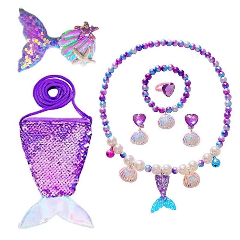 

Mermaid Necklace Bracelet Set Girls Mermaid Including Fake Pearl Necklace Bracelet Purse Ring Bow Hair Clip Earrings Ring