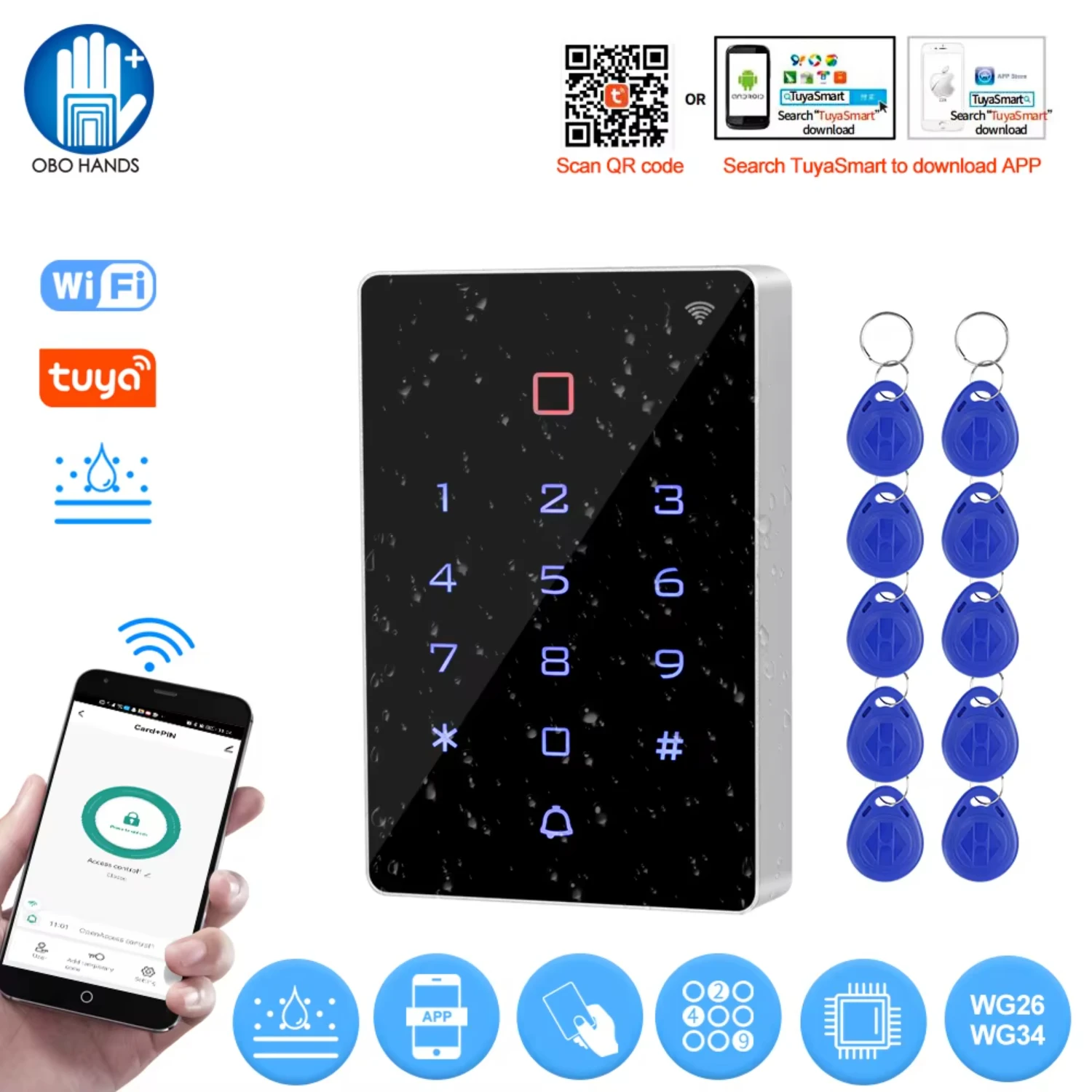 

WiFi APP Access Control Keypad Waterproof RFID Keyboard Controller Reader Backlight Door Opener WG26 Output Alarm