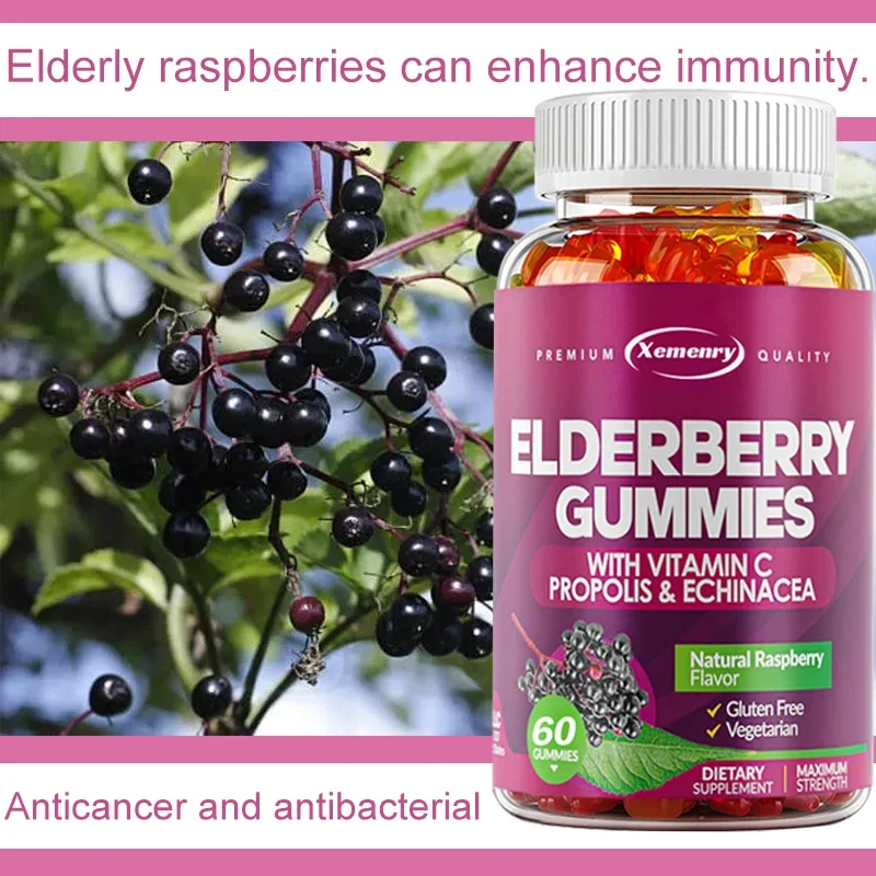 

Elderberry Gummies - Contains Vitamin C, Antioxidant, Soothe Inflammation, Natural Energy Boost, Immune System Health