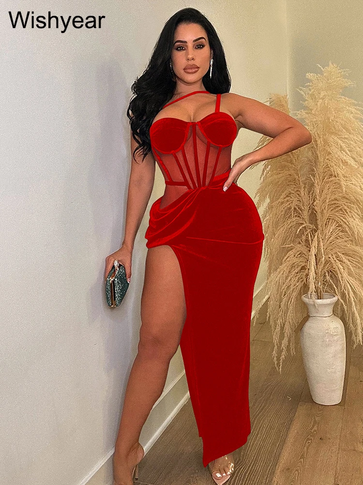 Wishyear Sexy Mesh Velvet Side High Slit Backless Evening Gown Bodycon Maxi Dress Women Birthday Party Nightclub Wedding Robe