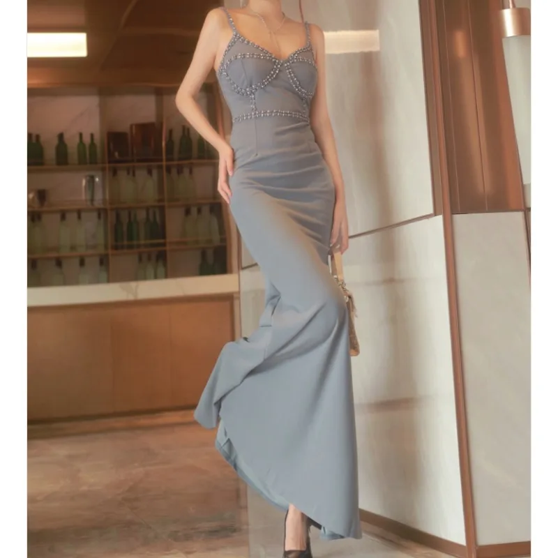 Chic Vintage Rhinestone Slip Long Dresses French Sexy Elegant French Robe Women Evening Slim Trumpet Mermaid Ceremonial Clothing