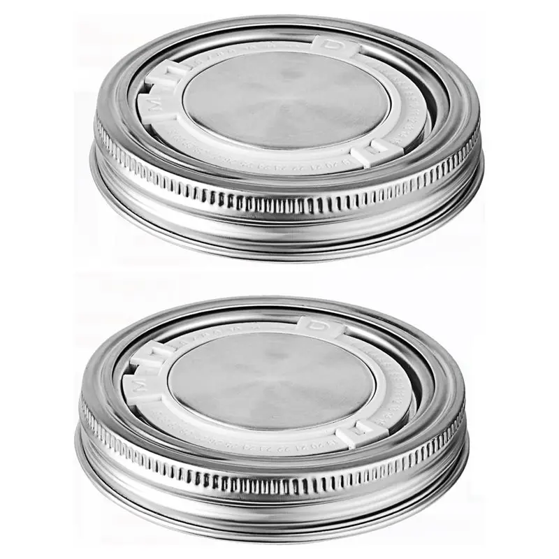 AB34-Wide Mouth Mason Jar Lids Stainless Steel With Rings, 2PCS Reusable Timer Cap Metal Canning Lids Leak Proof