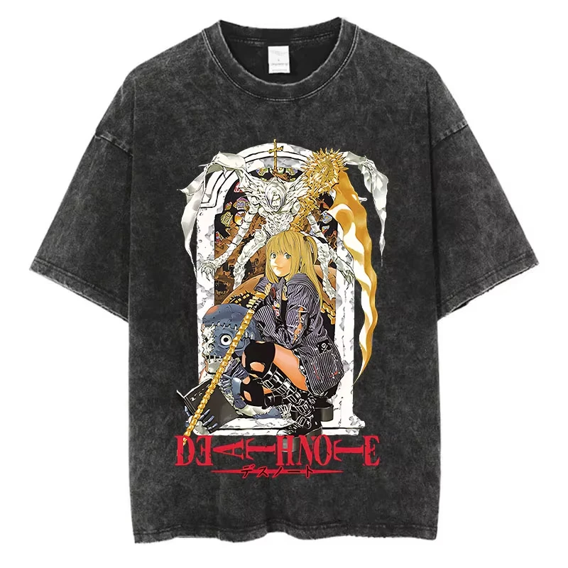 Mode Streetwear Unisex Top T-Shirt Harajuku Vintage Washed T-Shirts Death Note Anime Grafik-Druck Shirt Übergroße Baumwolle – Detail 8