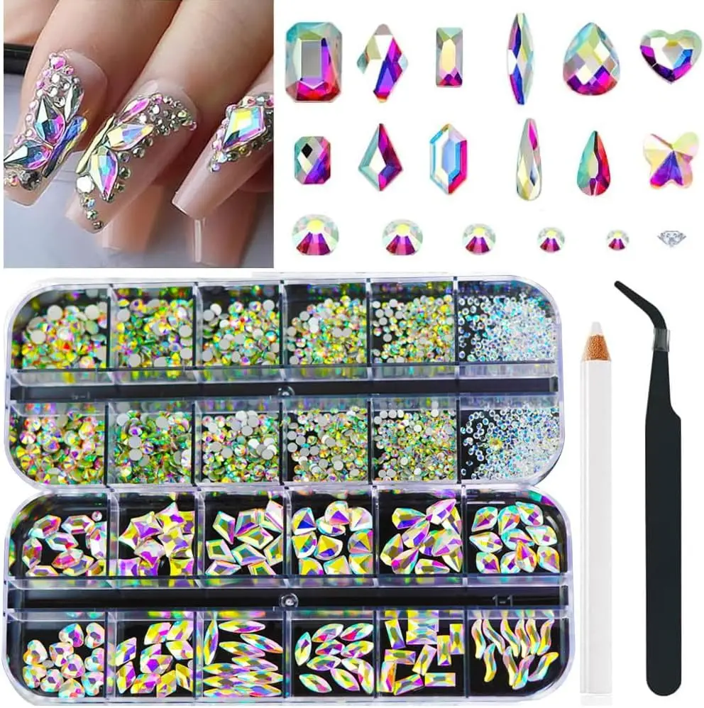 Nail Rhinestones,Nail Art Charms Aurora Colorful, Diamond Gems Stones with AB Flatback Round Nail Beads, Clear Glass Gem Stones