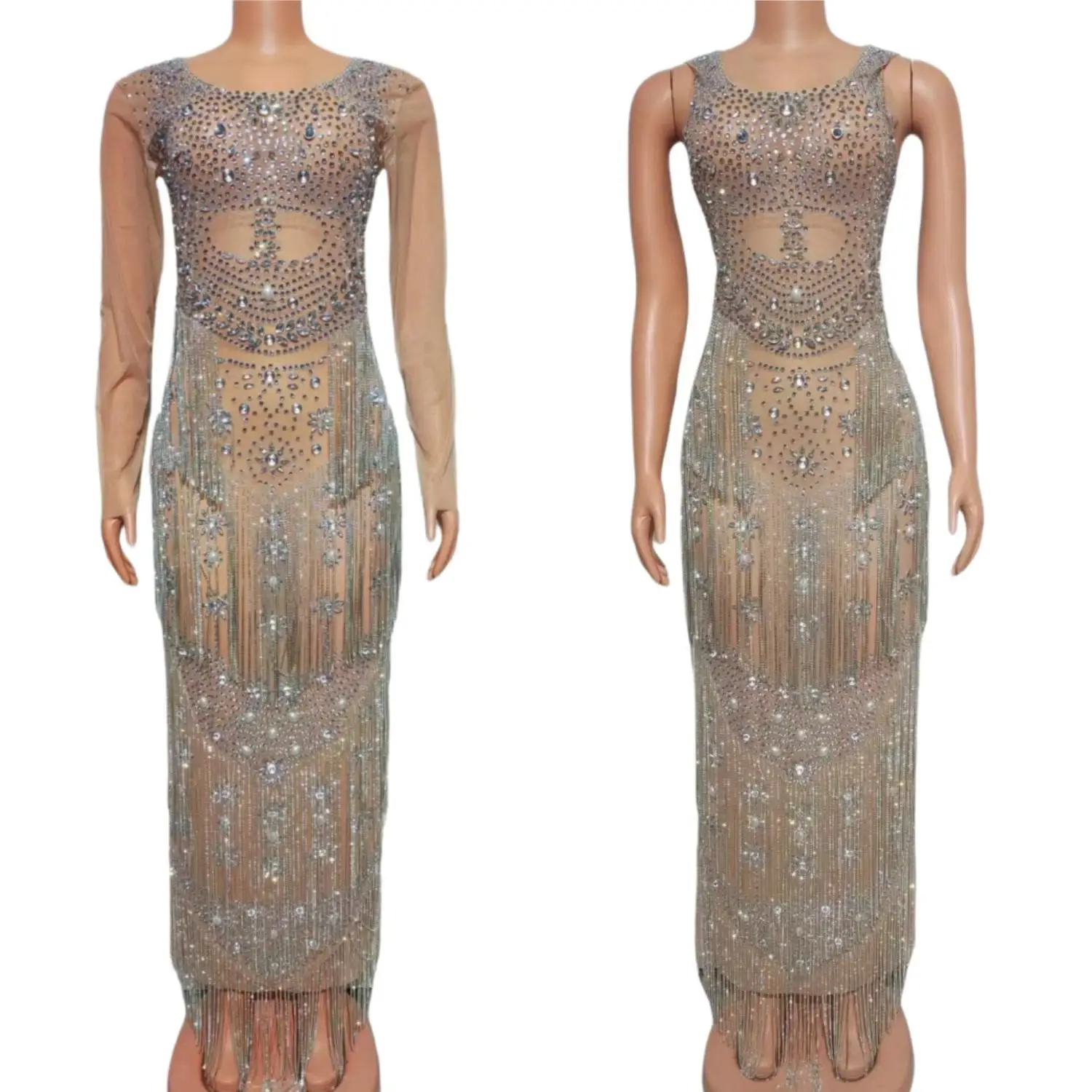 

Элегантное роскошное женское длинное платье, соблазнительное вечернее платье с блестящими стразами и кисточками, для дня рождения, для ночного клуба, бара, свадьбы, выпускного вечера