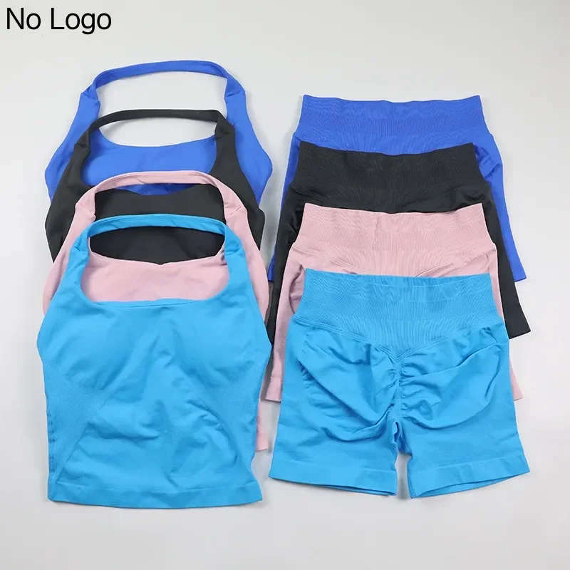 Seamless Yoga Set Womens Backless Halter Tank Top Ribbed Waist Gym Shorts 2 Piece Sets Women Outfit Workout Clothes