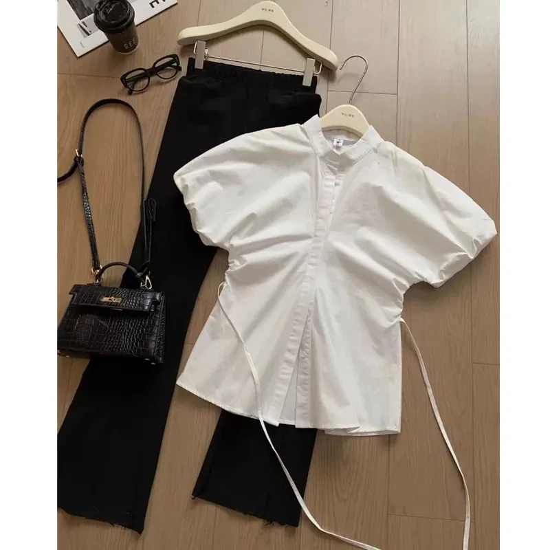 

Блузки с пышными рукавами и воротником-стойкой, женские белые рубашки, хлопковые топы с тонкой талией, бандажные топы, 2025 Blusas Mujer De Moda, темпераментная блузка