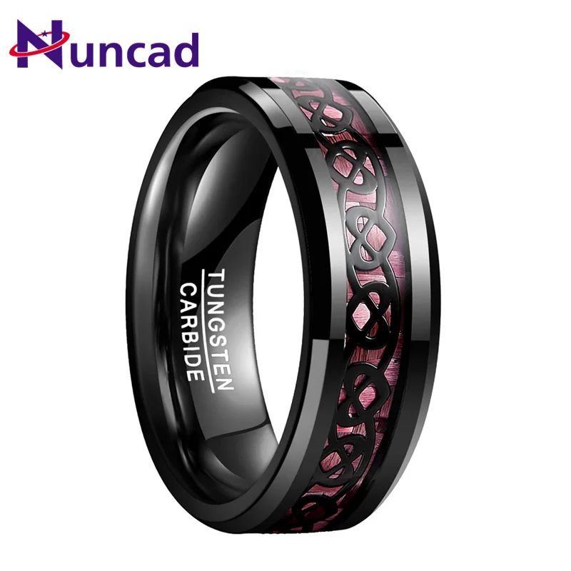 

NUNCAD Plating Black Tungsten Steel Ring Wedding bands black Heart Pattern Pink Carbon Fiber Ring For Men Size 7-12 jewelry gift