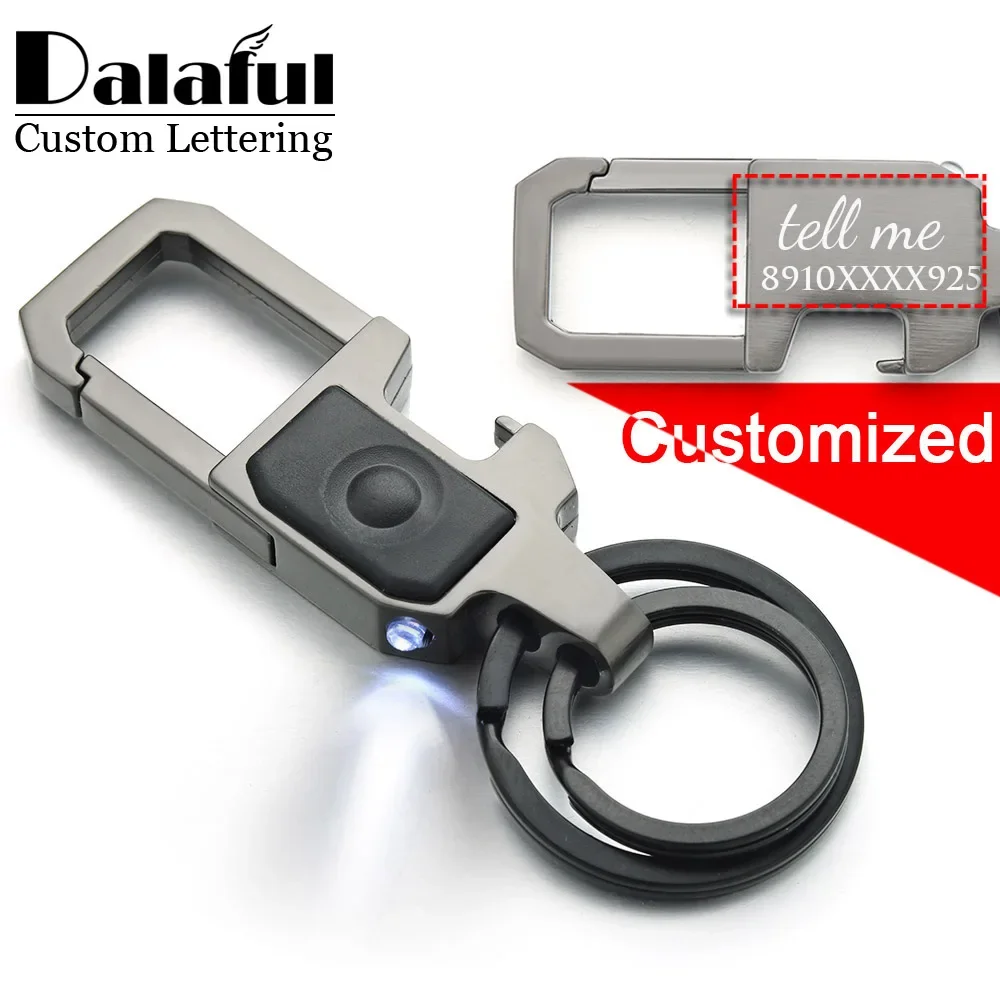 

Dalaful Custom Lettering Keychain LED Lights Lamp Beer Opener Bottle Engrave Name Customized Logo Key Chain Ring Men Car K378