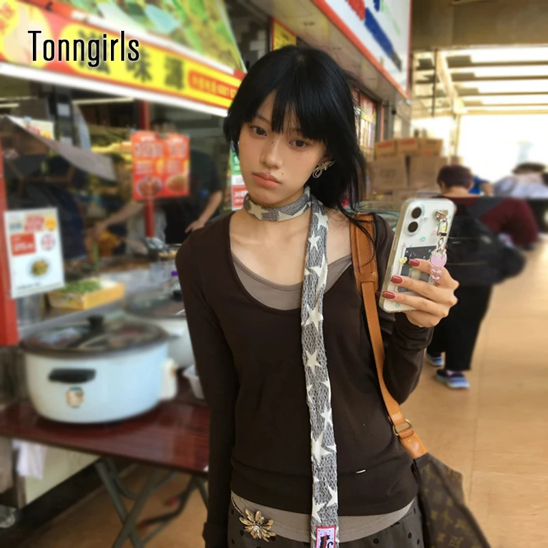 

Tonngirls футболка в корейском стиле женские лоскутные футболки с длинными рукавами уличная одежда Y2k винтажные топы в стиле гранж 2000-х годов японские футболки