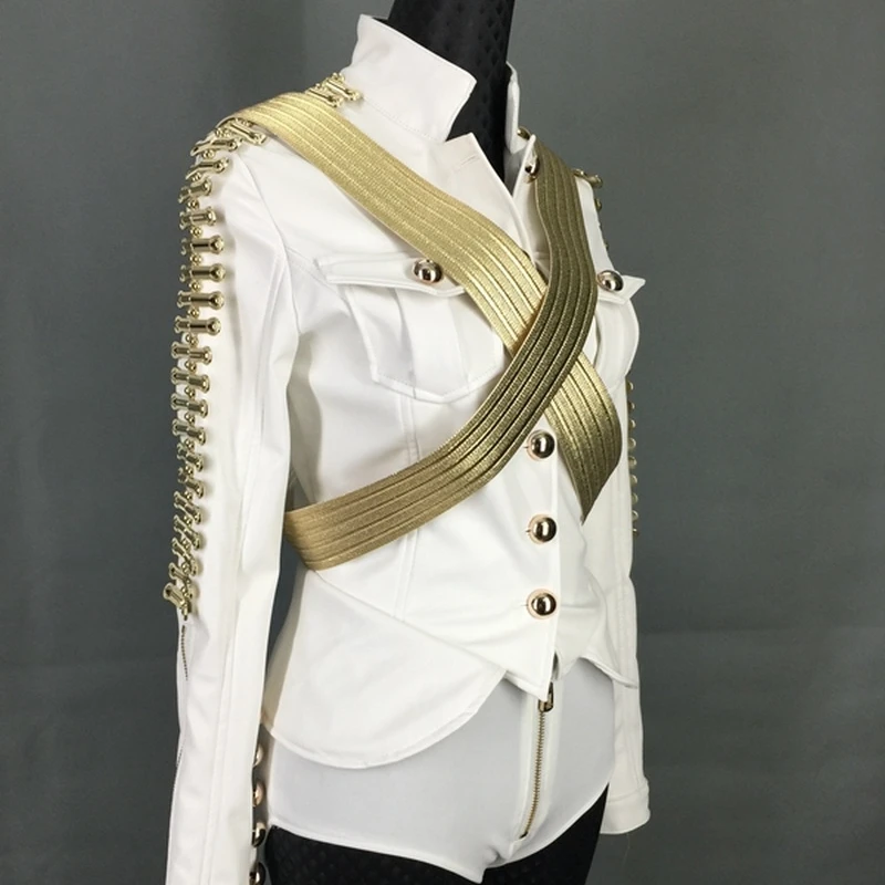 Stage Costumes for Singers Dance Clothes Dj Service Leather Military Roupa Feminina Rhinestone Bodysuit 2 Pcs/Set