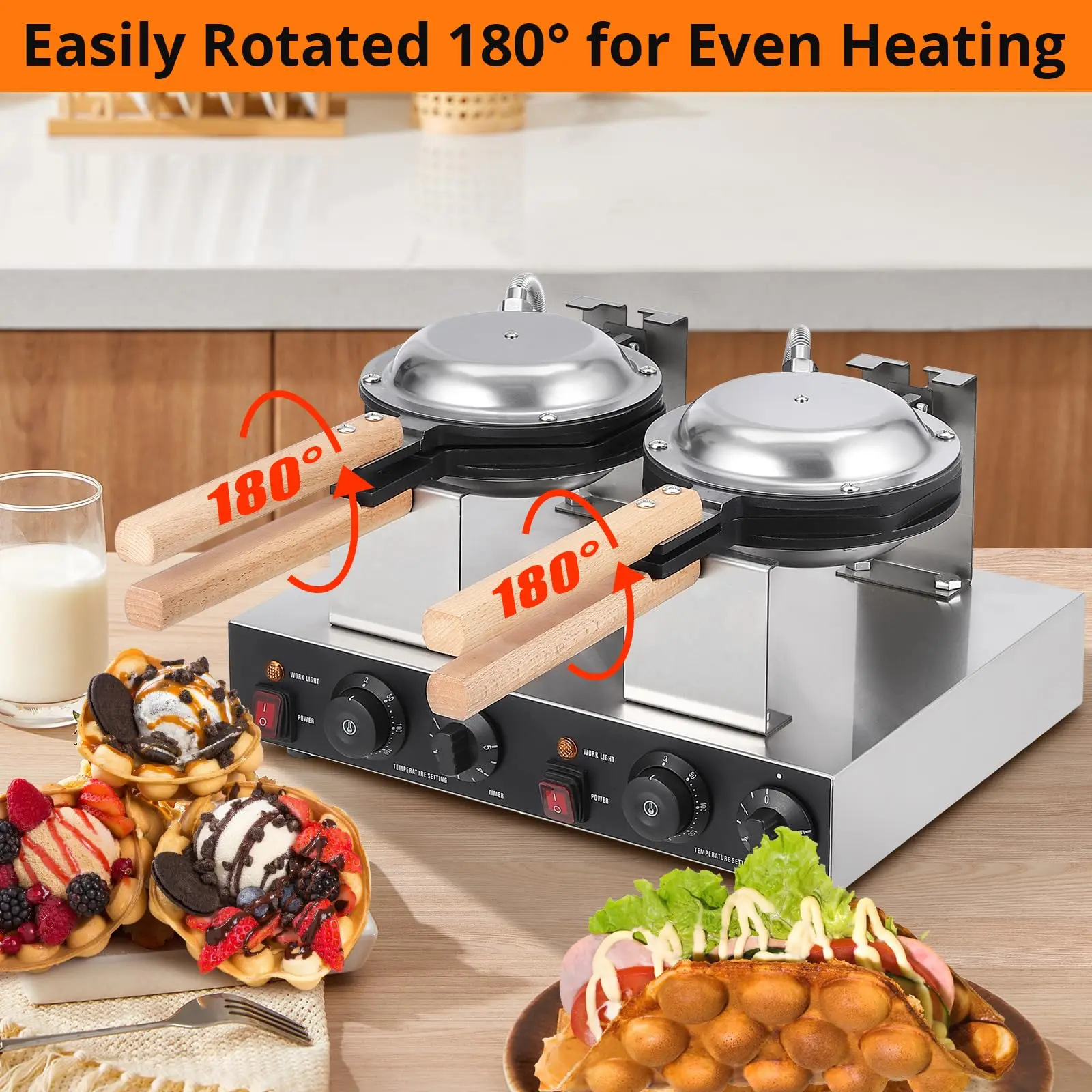 1/2 Plate 1400W/2800W 180° Rotatable Round Bubble Waffle Maker Non-Stick Double-Side Heating Waffle Iron For Home Commercial Use