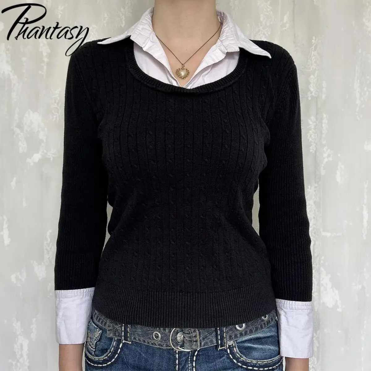 

Phantasy Fashion Vintage Fake Two Piece Long Sleeve Sweater Streetwear Color Contrast Splicing Collar Slim Knitted Sweater